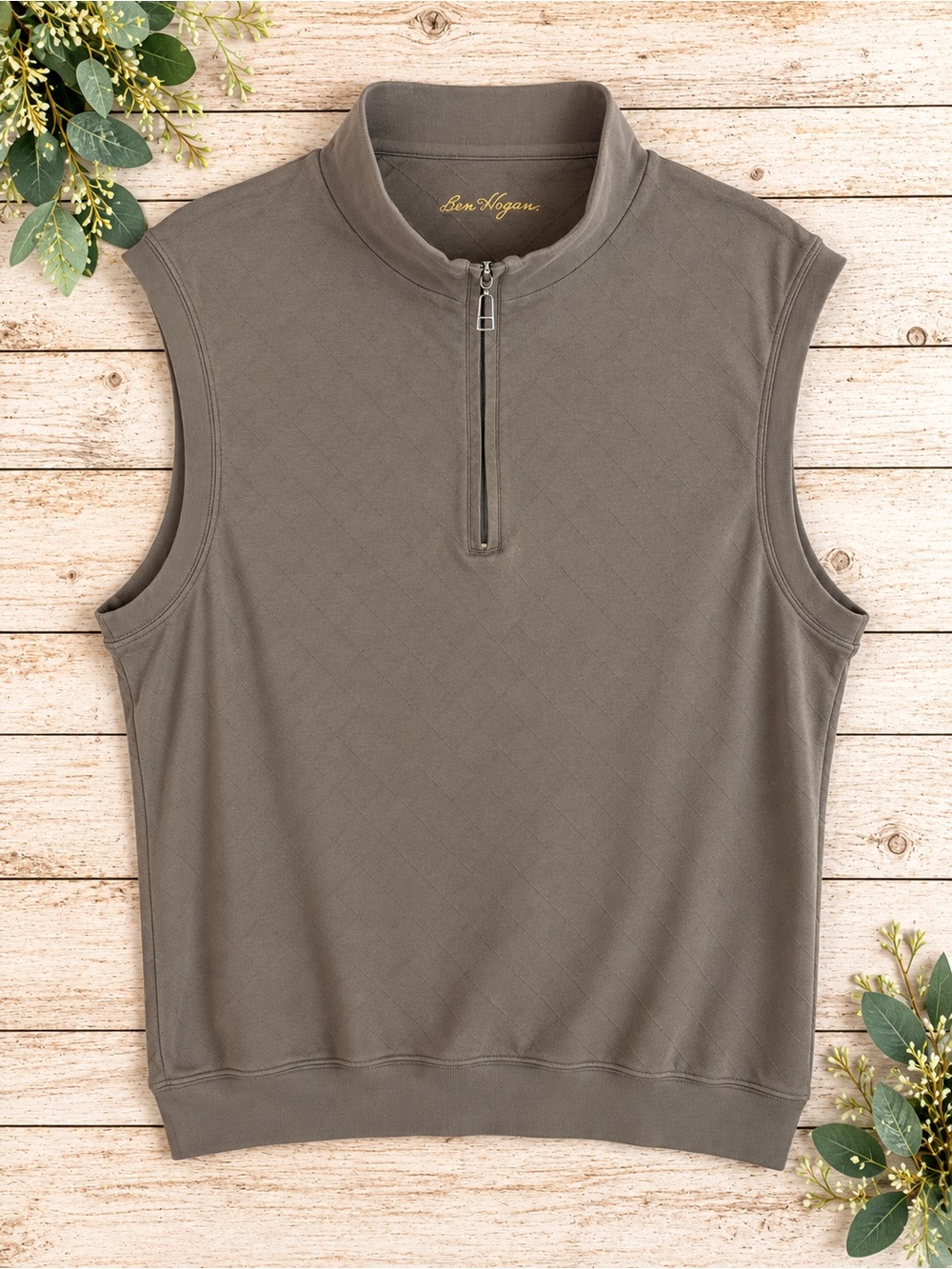 Ben Hogan Men’s 100% Pima Cotton Diamond Quarter Zip Golf Sweater Vest Taupe
